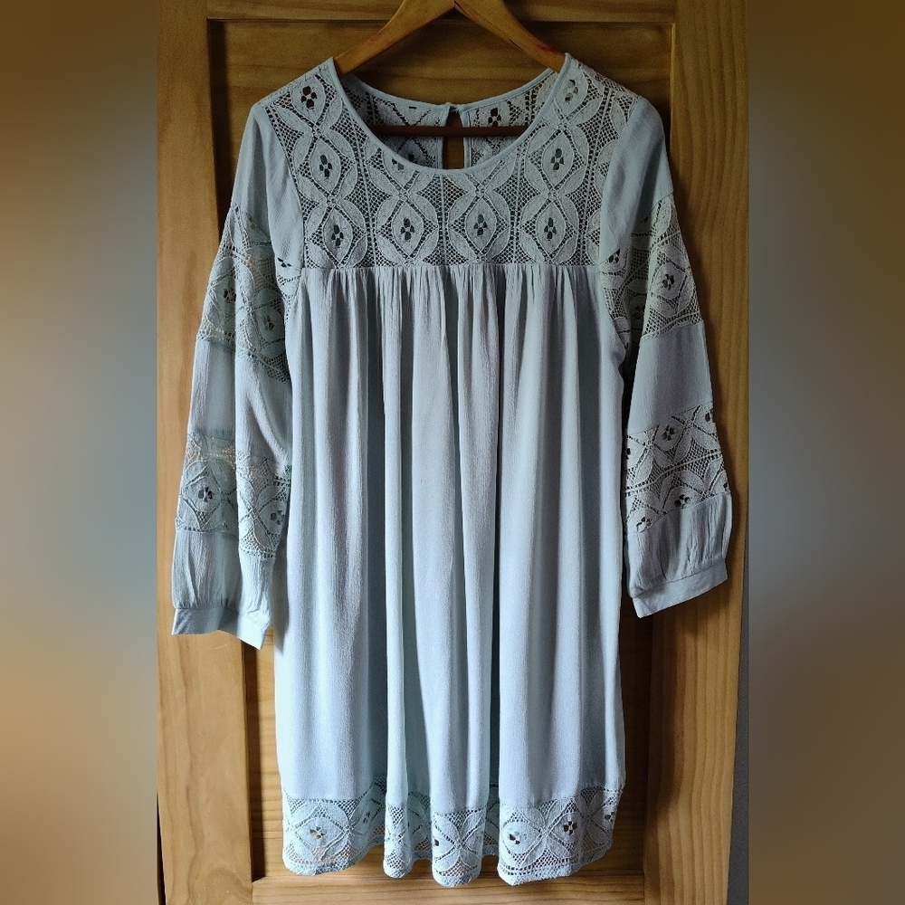 NWT Entro Light Green Midi Babydoll Dress | Lace Cutout | Balloon Sleeve | Med